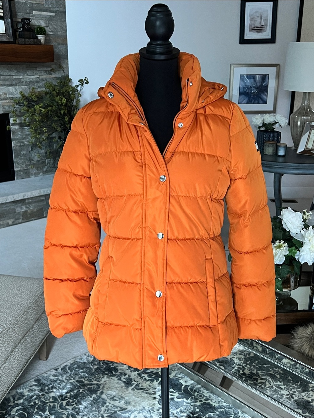 Tommy Hilfiger Vibrant Orange Quilted Puffer Coat with Hood